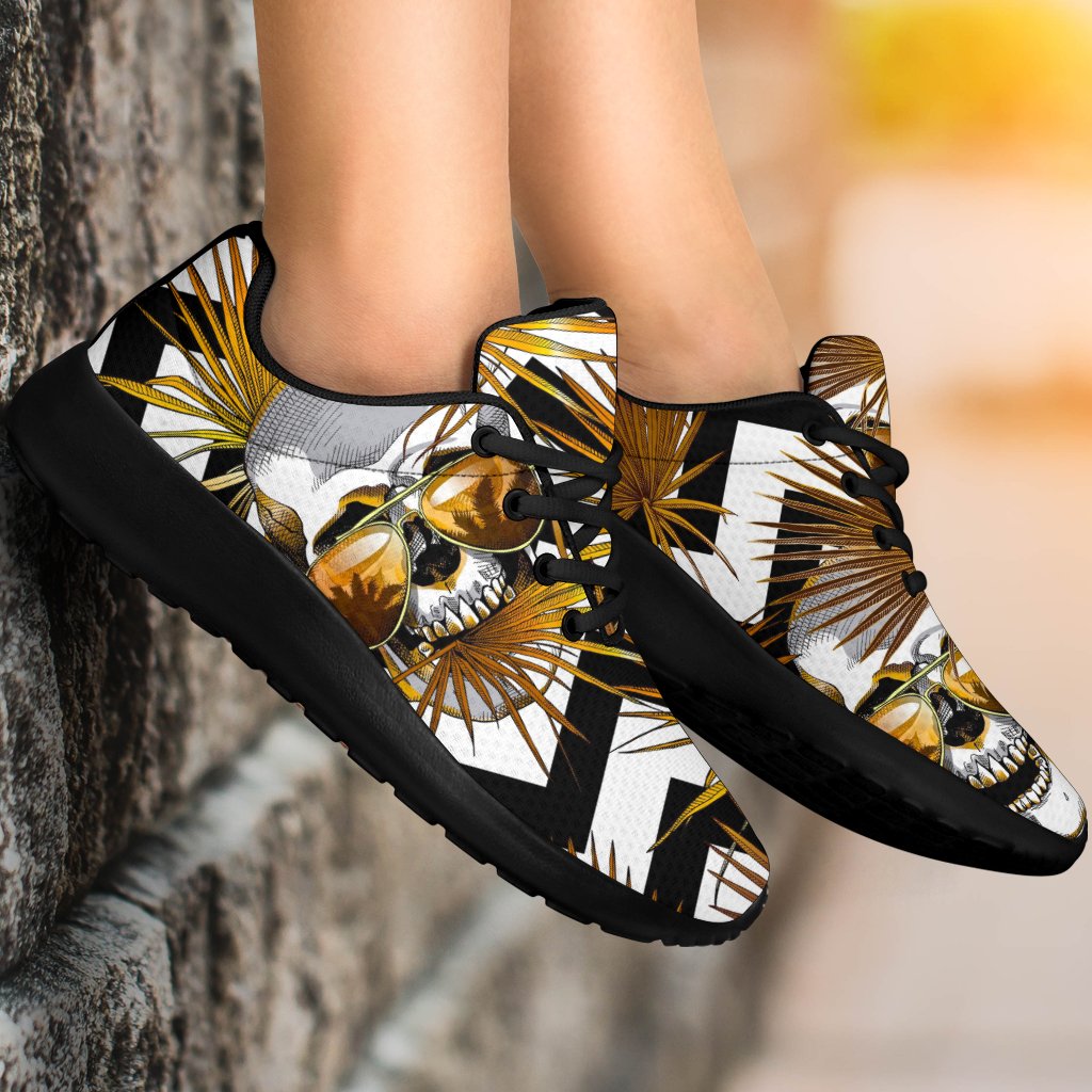 Gold Tropical Skull Pattern Print Sport Shoes GearFrost