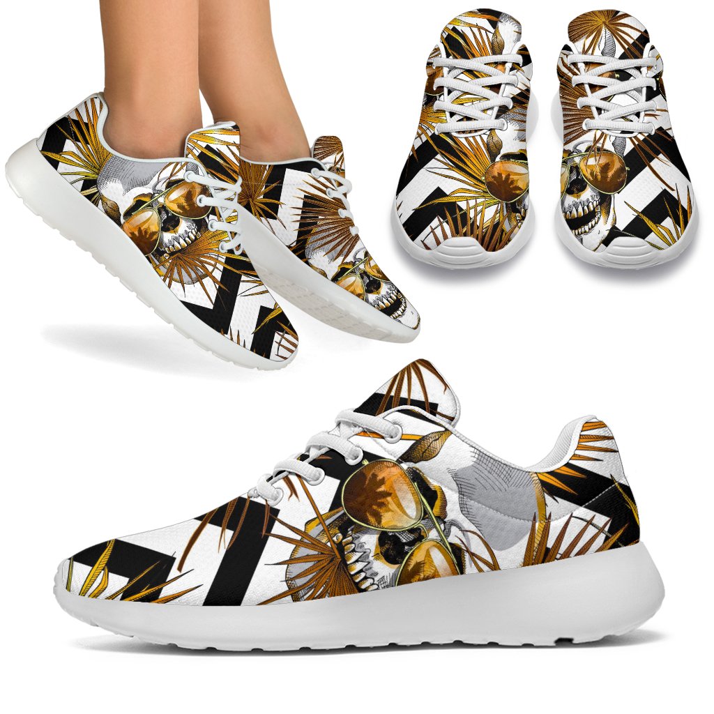 Gold Tropical Skull Pattern Print Sport Shoes GearFrost