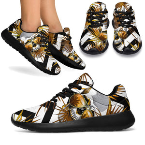 Gold Tropical Skull Pattern Print Sport Shoes GearFrost