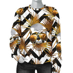 Gold Tropical Skull Pattern Print Women's Crewneck Sweatshirt GearFrost
