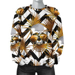Gold Tropical Skull Pattern Print Women's Crewneck Sweatshirt GearFrost