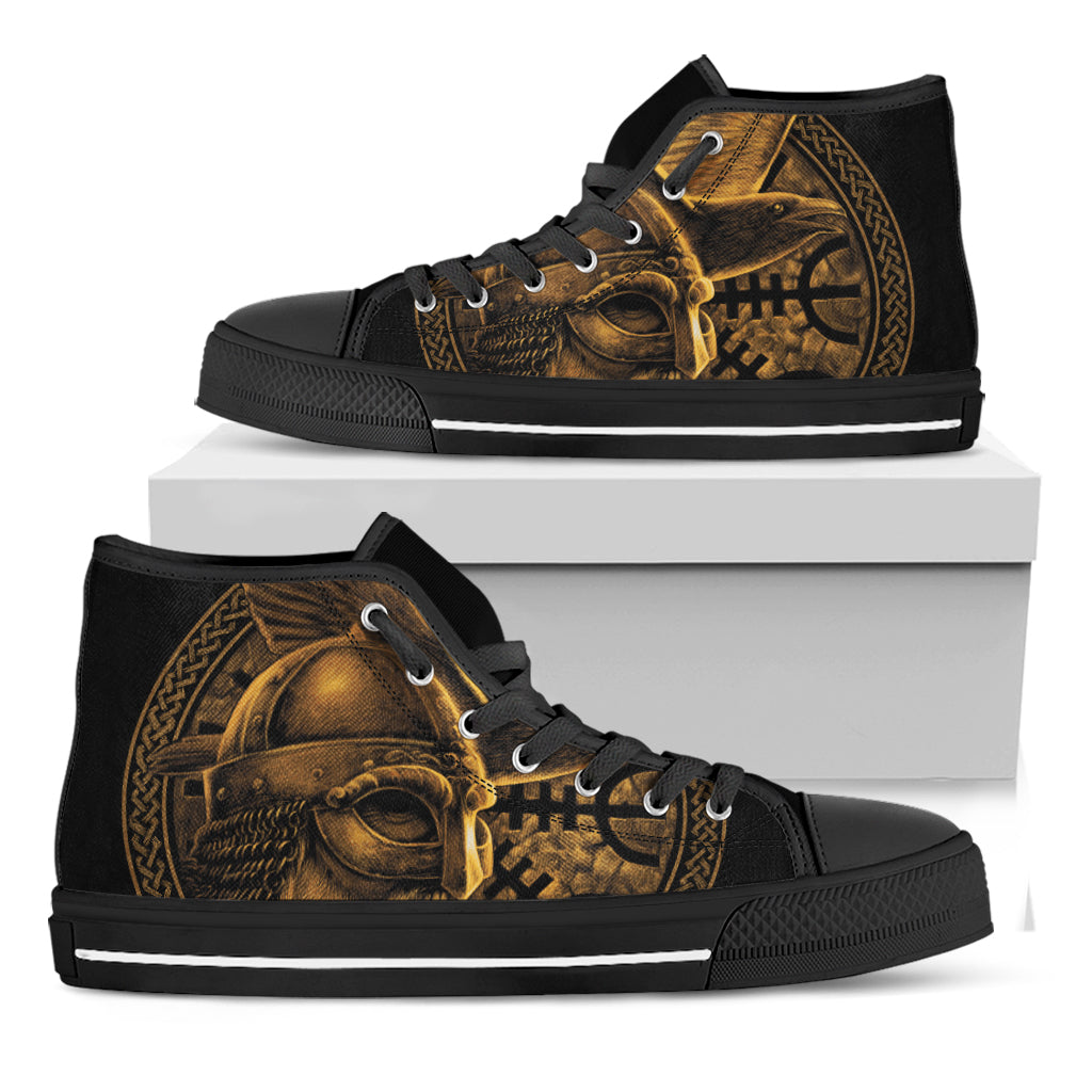 Gold Viking God Odin And Crow Print Black High Top Shoes