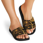 Gold Viking God Odin And Crow Print Black Slide Sandals