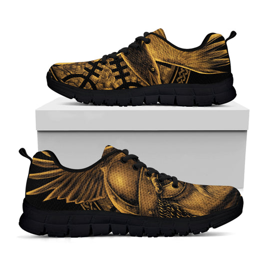 Gold Viking God Odin And Crow Print Black Sneakers