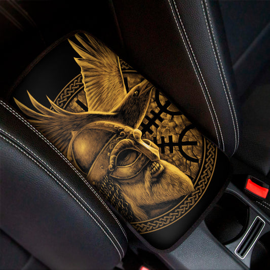 Gold Viking God Odin And Crow Print Car Center Console Cover