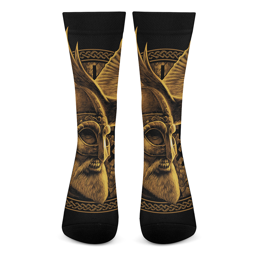 Gold Viking God Odin And Crow Print Crew Socks