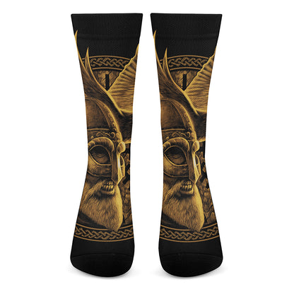 Gold Viking God Odin And Crow Print Crew Socks