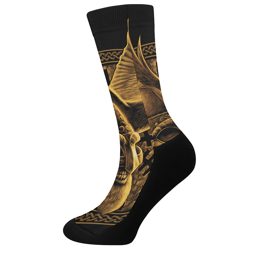 Gold Viking God Odin And Crow Print Crew Socks