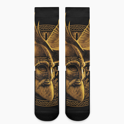Gold Viking God Odin And Crow Print Crew Socks