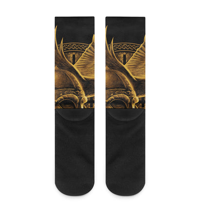 Gold Viking God Odin And Crow Print Crew Socks