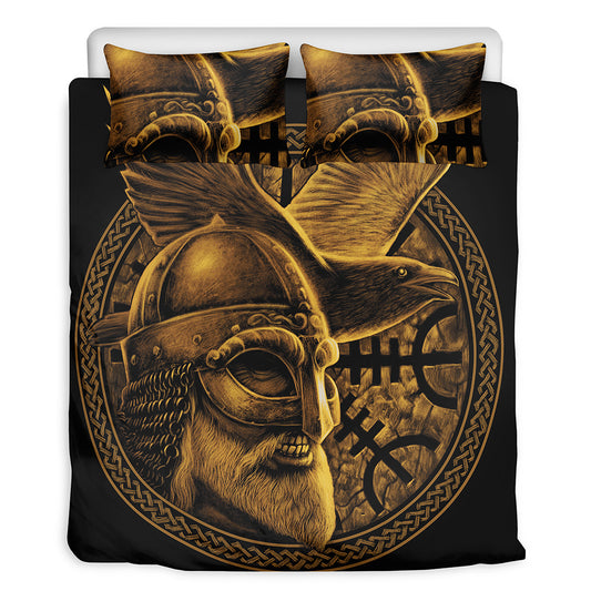 Gold Viking God Odin And Crow Print Duvet Cover Bedding Set