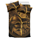 Gold Viking God Odin And Crow Print Duvet Cover Bedding Set