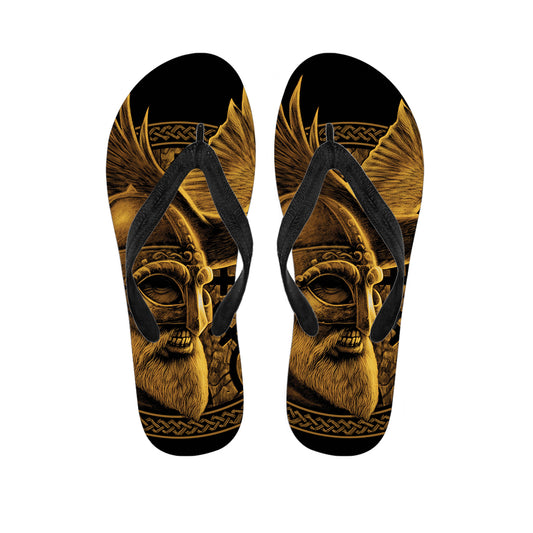 Gold Viking God Odin And Crow Print Flip Flops