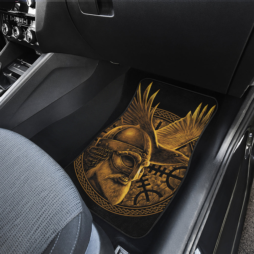 Gold Viking God Odin And Crow Print Front and Back Car Floor Mats