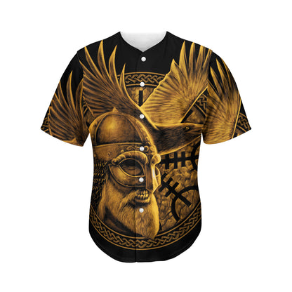 Gold Viking God Odin And Crow Print Men's Baseball Jersey