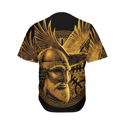 Gold Viking God Odin And Crow Print Men's Baseball Jersey