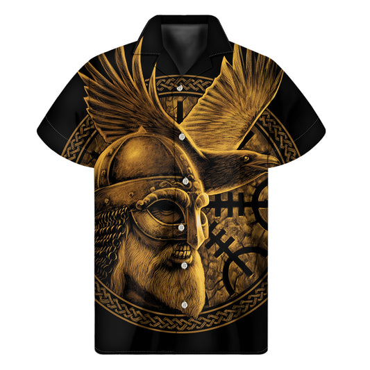 Gold Viking God Odin And Crow Print Men's Short Sleeve Shirt