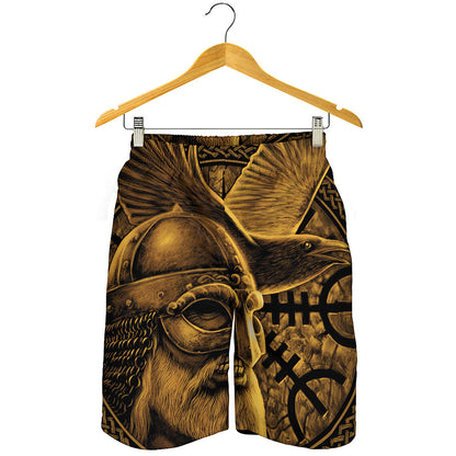 Gold Viking God Odin And Crow Print Men's Shorts