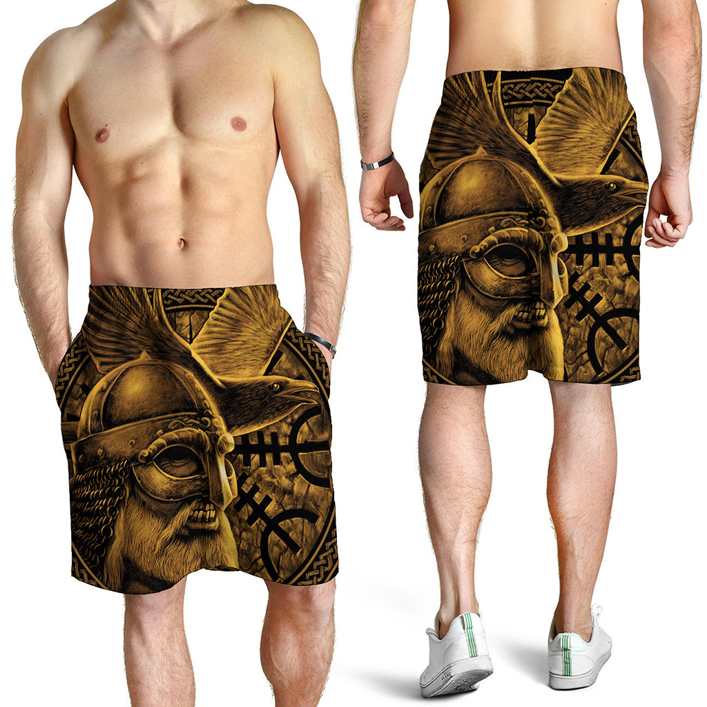 Gold Viking God Odin And Crow Print Men's Shorts