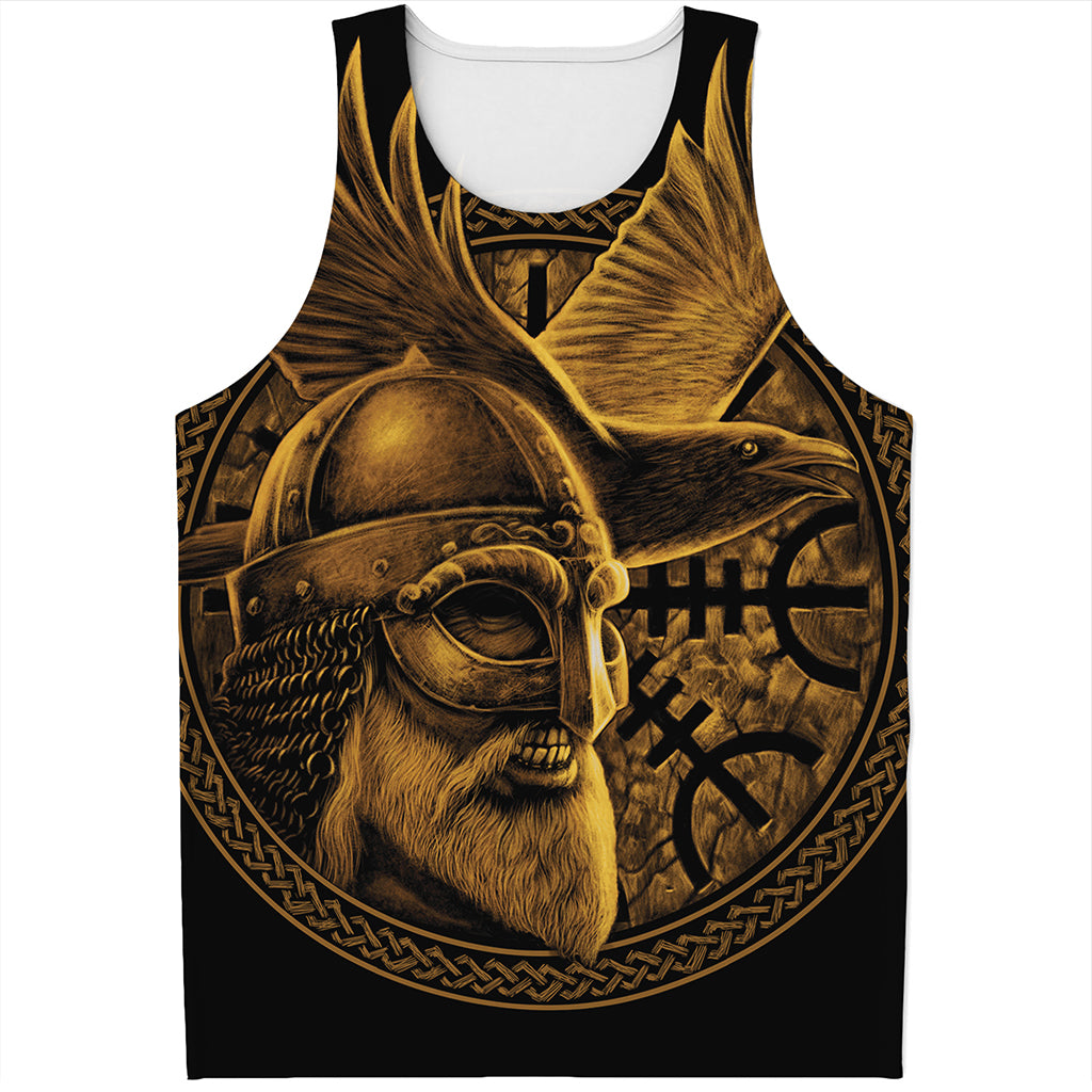 Gold Viking God Odin And Crow Print Men's Tank Top