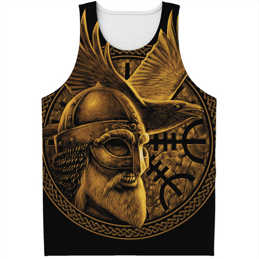 Gold Viking God Odin And Crow Print Men's Tank Top
