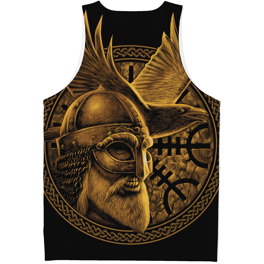 Gold Viking God Odin And Crow Print Men's Tank Top