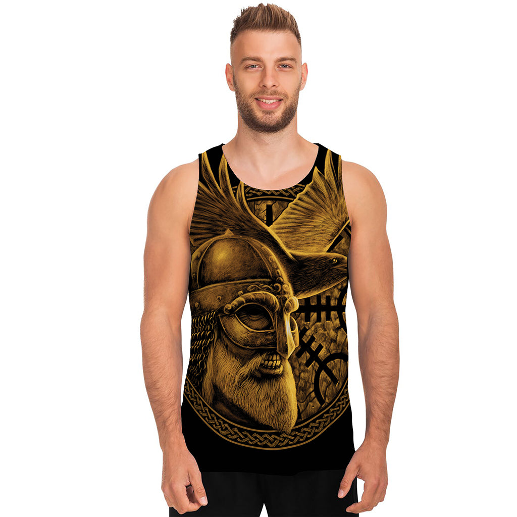 Gold Viking God Odin And Crow Print Men's Tank Top