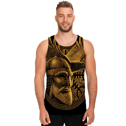 Gold Viking God Odin And Crow Print Men's Tank Top
