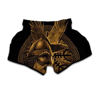 Gold Viking God Odin And Crow Print Muay Thai Boxing Shorts
