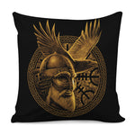 Gold Viking God Odin And Crow Print Pillow Cover