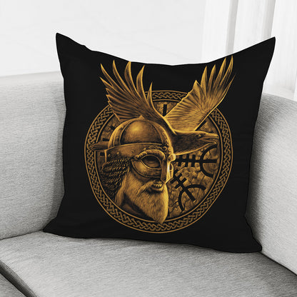 Gold Viking God Odin And Crow Print Pillow Cover