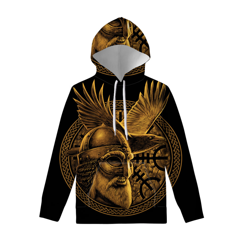 Gold Viking God Odin And Crow Print Pullover Hoodie