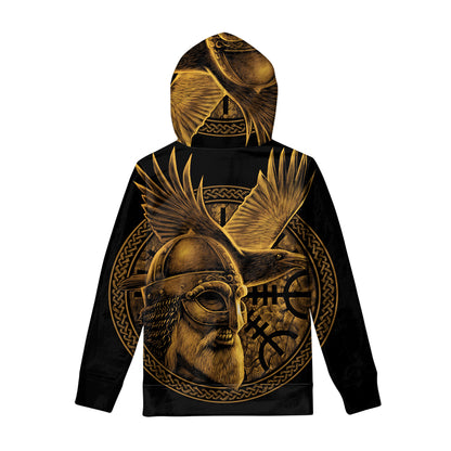 Gold Viking God Odin And Crow Print Pullover Hoodie