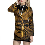 Gold Viking God Odin And Crow Print Pullover Hoodie Dress