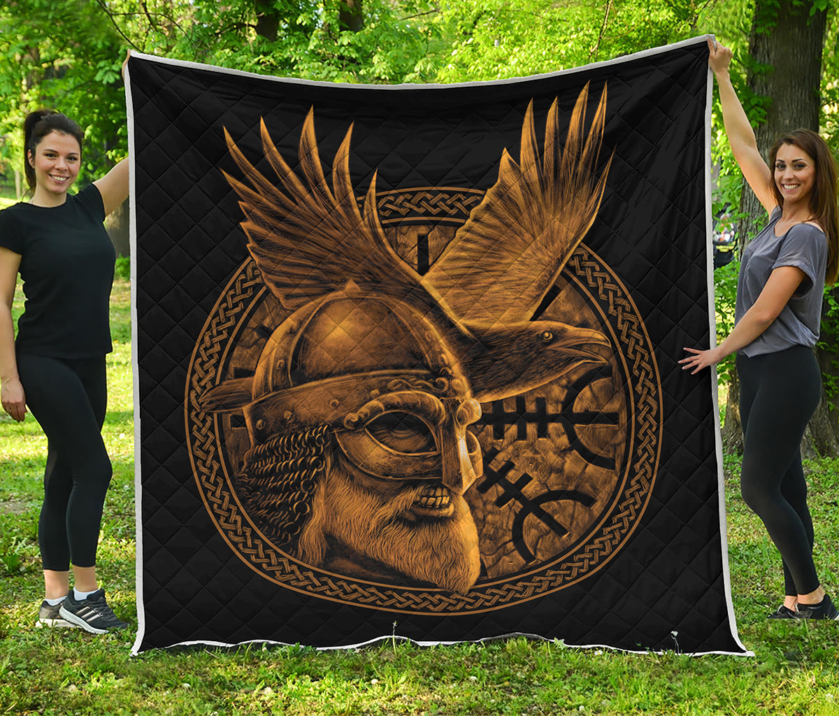 Gold Viking God Odin And Crow Print Quilt