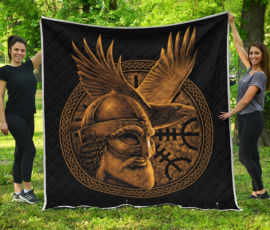 Gold Viking God Odin And Crow Print Quilt