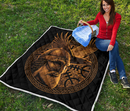 Gold Viking God Odin And Crow Print Quilt
