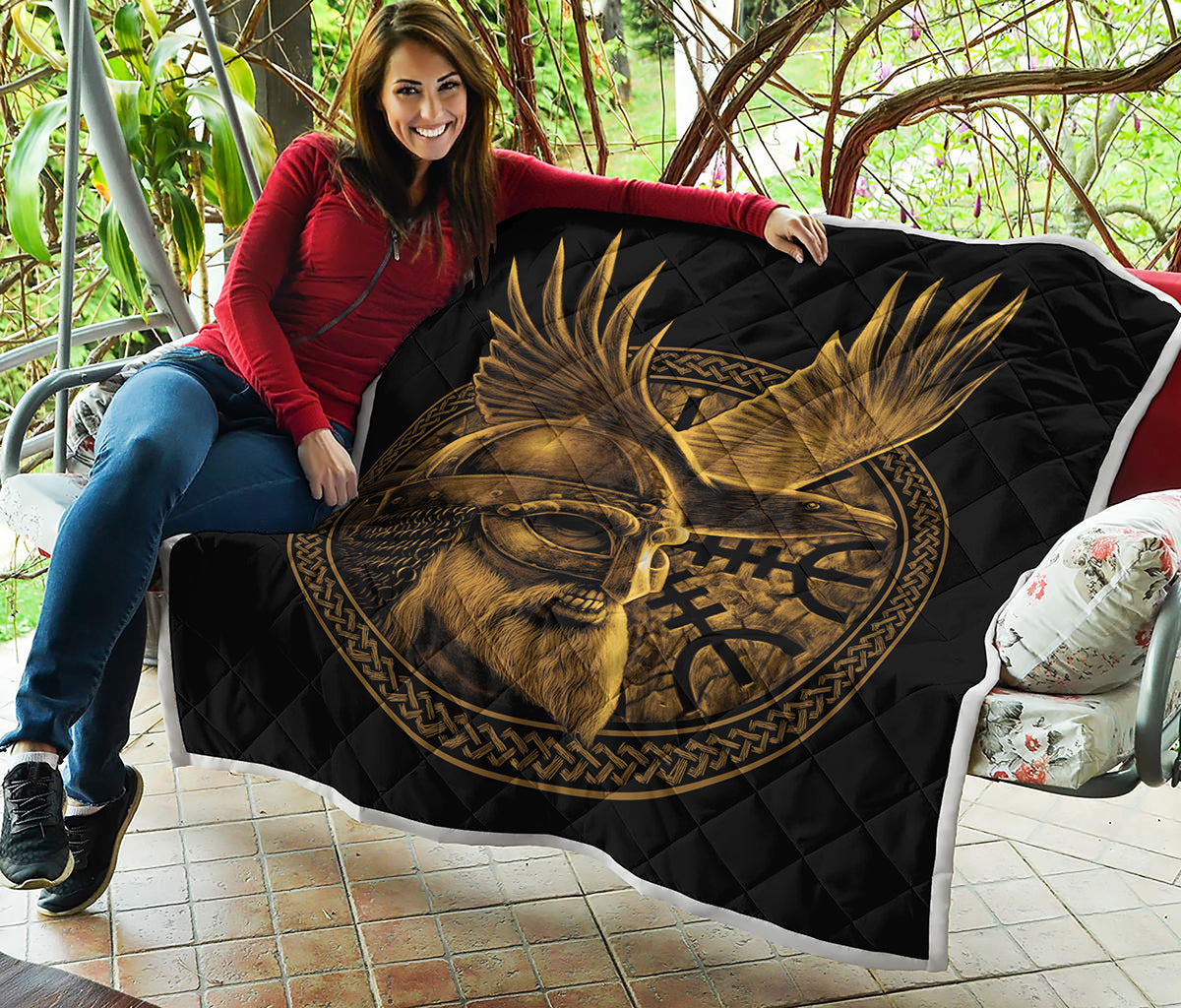 Gold Viking God Odin And Crow Print Quilt