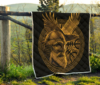 Gold Viking God Odin And Crow Print Quilt
