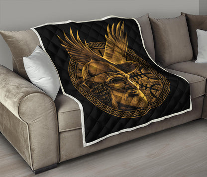 Gold Viking God Odin And Crow Print Quilt