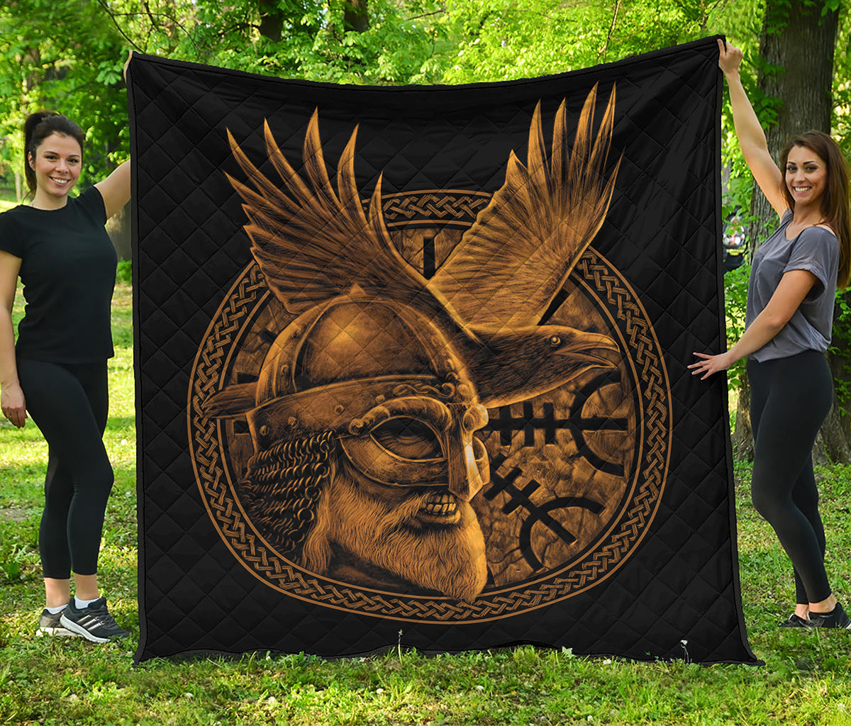 Gold Viking God Odin And Crow Print Quilt