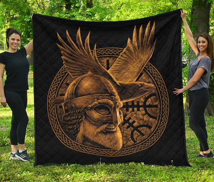 Gold Viking God Odin And Crow Print Quilt