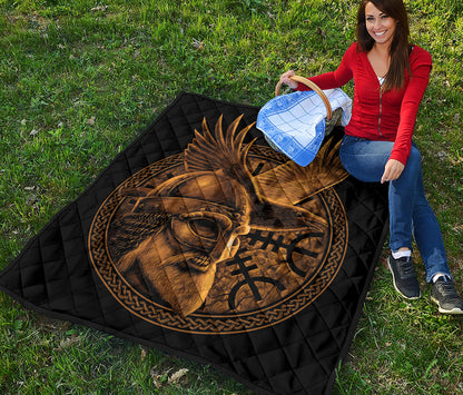 Gold Viking God Odin And Crow Print Quilt