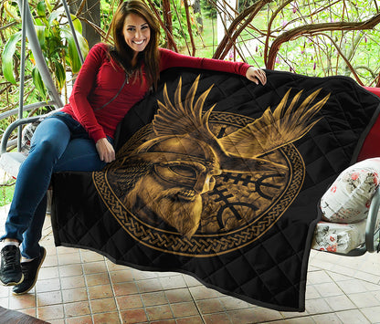 Gold Viking God Odin And Crow Print Quilt