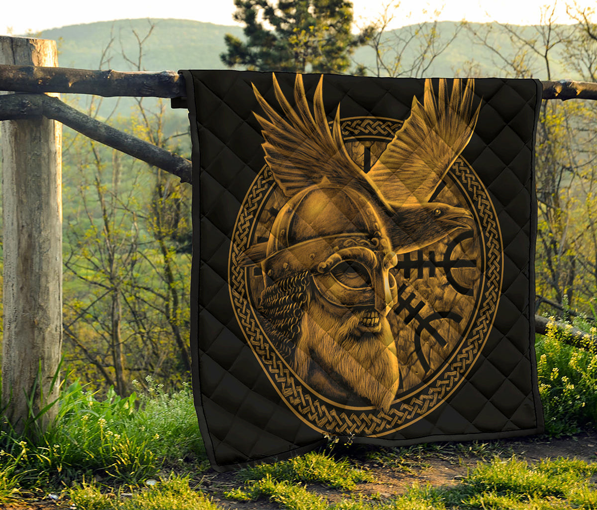 Gold Viking God Odin And Crow Print Quilt
