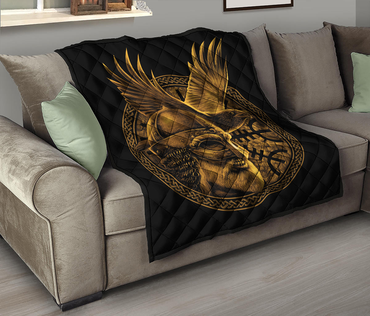 Gold Viking God Odin And Crow Print Quilt