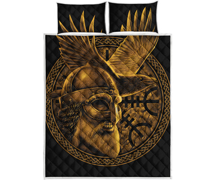 Gold Viking God Odin And Crow Print Quilt Bed Set