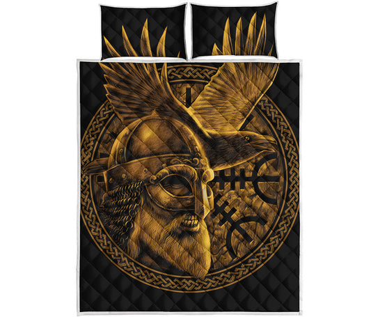 Gold Viking God Odin And Crow Print Quilt Bed Set