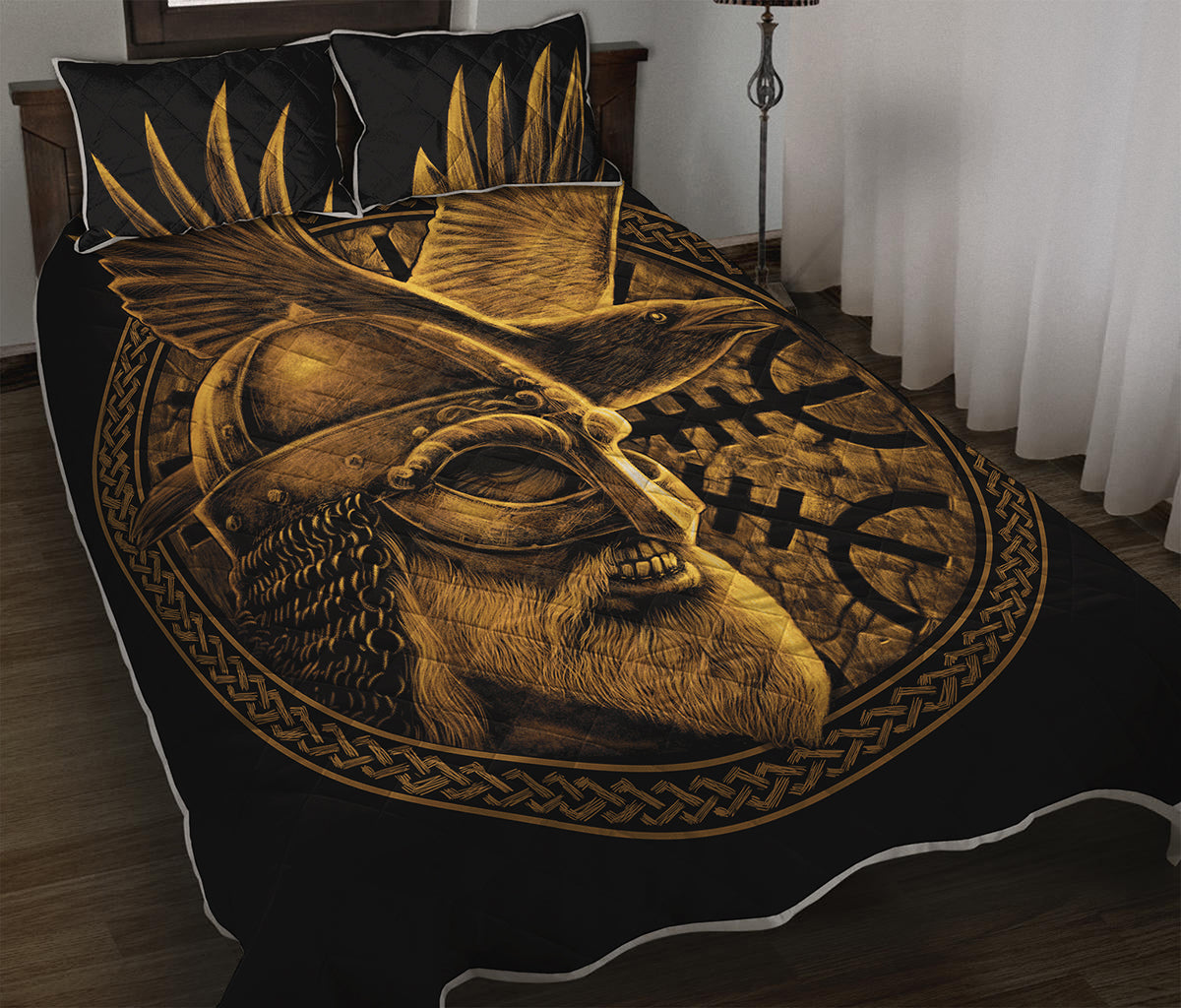 Gold Viking God Odin And Crow Print Quilt Bed Set
