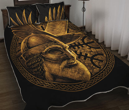 Gold Viking God Odin And Crow Print Quilt Bed Set